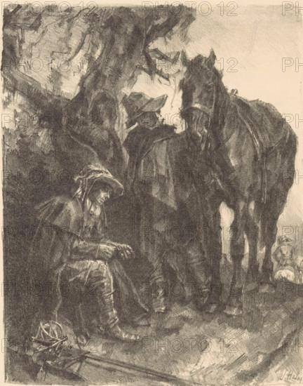 Standing and sitting man by a saddled horse, print, printmaker: Johannes Hendricus Jurres (signed by artist), publisher: Buffa en Zonen, Frans, 1885 - 1935, paper, lithography, lithografie, height 331 mm x width 261 mm, horse, A monochrome sketch showing a large horse standing with its head lowered toward a cloaked figure wearing a wide-brimmed hat; the figure appears seated or crouched and is focused on their hands. Dark, textured shading forms a dense background of trees and foliage behind and around the pair. Another person in a cloak and hat stands behind the horse, partially obscured. Boots, folds of heavy fabric, and a hat lying on the ground are visible in the foreground, along with rough ground textures and shadowed areas. The overall scene is rendered in charcoal or pencil with strong contrasts and expressive, sketchy strokes.