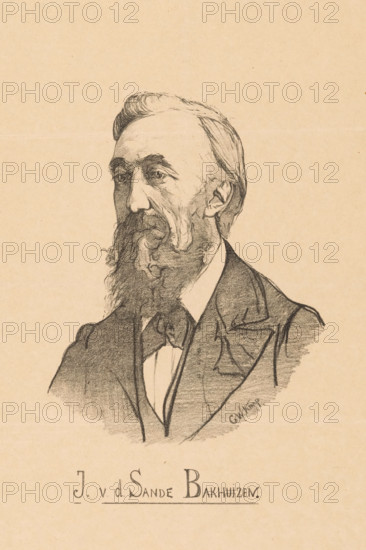 Portrait of Julius van de Sande Bakhuyzen, Artists Gallery (original series title on object), print, A portrait of artist Julius van de Sande Bakhuyzen, with beard., printmaker: Gerrit Willem Knap, 1883 - 1931, paper, lithography, height 393 mm x width 285 mm, Published in the supplement of 'De Tribune'., Person, Julius Jacobus van de Sande Bakhuyzen, portrait, self-portrait of artist, A pencil portrait of an older man shown from the chest up facing three quarters to the left, with a high forehead, neatly combed hair, a full beard and mustache, visible ear, and detailed facial features rendered with shading; he wears a suit jacket with lapels, a shirt collar, and a bow or cravat at the neck, all drawn on a textured, light tan paper background.