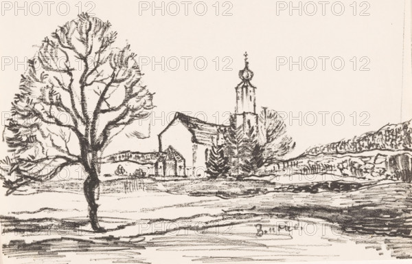 Bernried (original title on object), print, A church with an apse in a landscape with multiple hills. A tree on the left in the foreground., printmaker: Henri Braakensiek (signed by artist), Munich, 1922, Bavaria, paper, lithography, height 225 mm x width 310 mm, low hill country, church (exterior) - QQ - small church, chapel, A monochrome sketch showing a large bare-branched tree in the foreground on the left with textured bark and sparse foliage markings, open ground with horizontal shading across the lower area, a small cluster of buildings toward the center including a church with a tall steeple topped by an ornate bulbous finial, nearby smaller structures and trees with varied foliage textures, a low stone wall or terraced land extending across the midground, and a distant ridge or hillside on the right, all rendered in rough, expressive strokes on a light background.