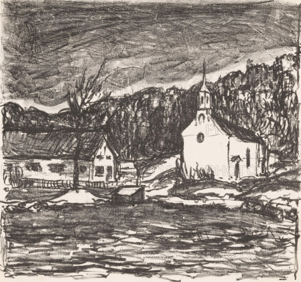 Hill landscape with church, Starnberger See (original title), print, A church and a house on a tree-covered hill., printmaker: Henri Braakensiek (signed by artist), Munich, 1922, Bavaria, paper, lithography, height 250 mm x width 275 mm, low hill country, church (exterior) - QQ - small church, chapel, A monochrome sketch showing a rural scene with a church featuring a tall steeple and rounded roofline situated among trees and buildings, rough textured strokes forming dense foliage and clustered rooftops, a smaller house with visible windows and a pitched roof near the church, sweeping dark horizontal marks in the foreground suggesting ground or water, heavy crosshatched sky above with swirling shading, and various sketchy lines and smudges creating a layered, grainy appearance across the entire image.