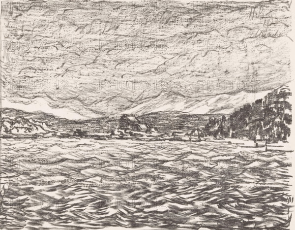 Starnberger See (original title), print, Hills and a settlement on the Starnberger See in Bavaria., printmaker: Henri Braakensiek (signed by artist), Munich, 1922, Bavaria, paper, lithography, height 225 mm x width 280 mm, lake, low hill country, A monochrome sketch showing a wide expanse of water in the foreground with short, sweeping strokes suggesting waves, a distant shoreline across the middle with low hills and a small rocky outcrop, and a stand of darker trees or foliage toward the right edge; above, a textured sky filled with layered, horizontal scribbled marks and swirling lines.