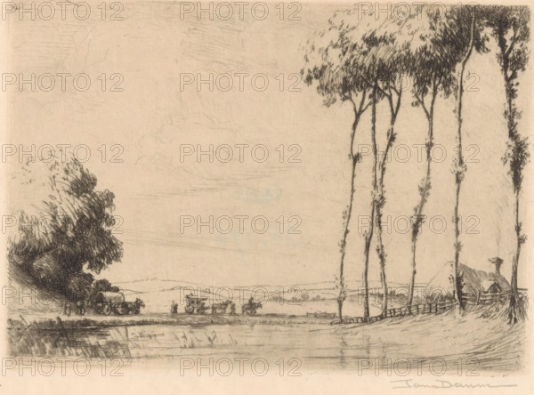 Landscape with covered wagon and caravan, print, A covered wagon and a caravan are being pulled by several horses on a country road along the water. On the left in the foreground, six trees in front of a fence and a farm., printmaker: Jan Daum (signed by artist), c. 1915, paper, etching, intaglio printmaking technique, height 124 mm x width 175 mm, farm or solitary house in landscape, groups of trees, four-wheeled, animal-drawn vehicle, eg: cab, carriage, coach, A wide, softly shaded landscape drawing showing a calm body of water in the foreground with reflected lines and ripples, a low shoreline curving into the distance, tall slender trees with sparse foliage rising along the right side, a cluster of denser trees and bushes on the left, a thatched-roof building partially visible behind a fence near the right trees, a small carriage and horses on the road with a few figures nearby and another carriage farther back, and a broad sky filled with faint, wispy cloud strokes.