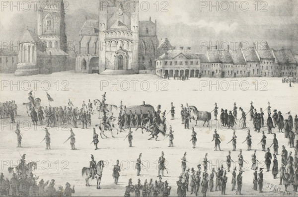 Funeral of AJJ Baron des Tombe, 1845, print, Funeral of Lieutenant General AJJ Baron des Tombe, commander of Maastricht, died on February 18, 1845. The funeral procession passes through the Vrijthof past the Basilica of St. Servatius., printmaker: Jacques Philippe Le Clerc, Netherlands, paper, lithography, height 285 mm x width 392 mm, Person, Andries Jan Jacob des Tombe, cortege, funeral procession, Maastricht, Sint-Servaasbasiliek, Vrijthof, Period, 1845-02-18, A wide monochrome drawing shows a large open square in front of a row of historic buildings and a cathedral with towers and arched entrances; the foreground is filled with numerous uniformed soldiers arranged in formations and small groups, many standing with rifles or sabers, several on horseback, and a few figures carrying flags; a central procession includes a covered wagon or carriage escorted by mounted men and foot soldiers; crowds of onlookers gather along the edges with some clustered near the buildings; the sky above ...