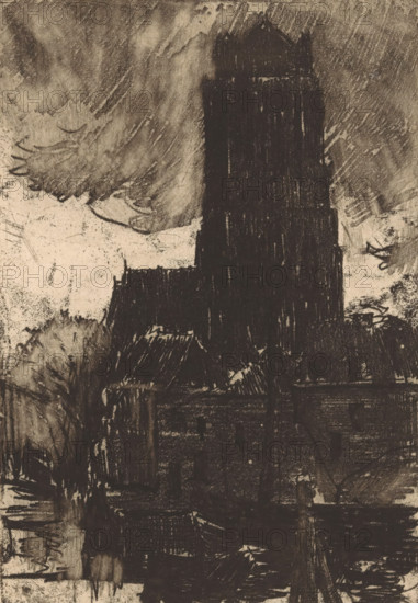 Great or Our Lady Church in Dordrecht, print, In the foreground houses by the water., printmaker: Etha Fles, 1867 - 1936, paper, soft-ground etching, drypoint, height 198 mm x width 140 mm, canals, waters (in city), church (exterior), Dordrecht, Great or Our Lady Church, A tall dark vertical silhouette rises from a textured lighter background, its edges rough and streaked, with surrounding smudged and scratched shading suggesting cloudy, sweeping strokes; lower areas show dense dark blocks and sketchy marks forming angular rooftop-like shapes and vertical lines, while softer, feathery charcoal strokes appear near the sides and top, creating contrasts between heavy black masses and lighter, grainy spaces.