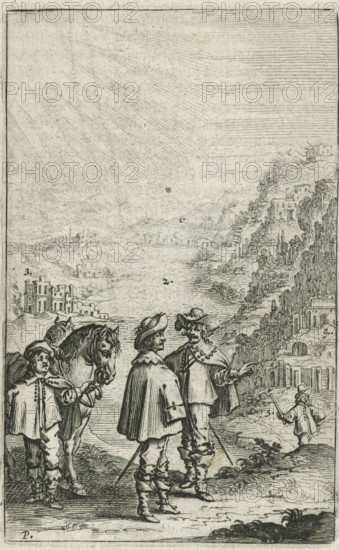 Riders in a mountain landscape, print, book illustration, Two riders in a mountain landscape, on the left a third figure holds two horses by the reins. In the distance a city., printmaker: Paulus Lesire, 1643, paper, etching, letterpress printing, etching and text in letterpress on verso, height 111 mm x width 71 mm, Illustration included in: Beverwyck, Johannes van. Van de wtnementheyt des vrouwelicken geslachts. Dordrecht: Hendrick van Esch for Jasper Goris, 1643., riding a horse, ass, or mule, rider, horseman, conversation, dialogue, conversation piece, mountains, Three men in period clothing stand in the foreground, two facing each other with capes, wide-brimmed hats, and swords at their sides, while a third stands slightly behind them holding a horse by its bridle. The horse's head is lowered and turned slightly toward the men. The men wear boots and layered garments with collars and buttons. Behind them, a smaller figure stands on a slope holding an object that extends outward. T...