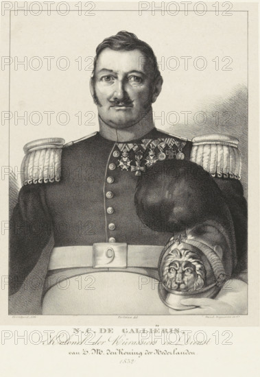 Portrait of Colonel Nicolaas Cornelis de Gallières, print, The sitter has removed his helmet and carries it in his left arm. He wears various decorations on his chest. Below the portrait, the name and profession of the sitter., printmaker: Pieter Gerardus Bernhard, The Hague, printer (person): Desguerrois & Co., Amsterdam, after design by Portman, 1832, printer (person), paper, lithography, lithografie, height 0 mm x width 0 mm, Person, Nicolaas Cornelis de Gallières, historical persons, helmet, knighthood order, A black and white lithographic portrait of a man shown from the waist up wearing a dark military uniform with braided epaulettes on the shoulders and a high collar, his face framed by short hair and sideburns and a small mustache, a row of medals and decorations pinned across his chest, a belt across his waist with a rectangular buckle, and a helmet with a sculpted lion's face held at his side.