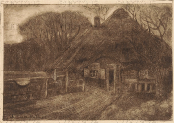 House with a thatched roof in Laren, print, printmaker: Charlotte Pothuis (signed by artist), 1877 - 1936, paper, drypoint, intaglio printmaking technique, height 142 mm x width 206 mm, rural housing, eg country-house, villa, cottage, Laren (Noord-Holland), A sepia-toned drawing of a rural scene showing a thatched-roof cottage partially obscured by large rounded trees, a wooden fence in the foreground, and a pathway or road leading toward the cottage entrance; the cottage has a doorway and window openings, a small chimney rising above the roof, and dense cross-hatched shading creates textured tones across the trees, roof, fence, and ground.