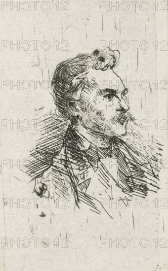 Portrait of artist Frederik Hendrik Weissenbruch, print, printmaker: Bernardus Johannes Blommers, Netherlands, 1855 - 1914, paper, chine collé, etching, drypoint, etching and drypoint on chine collé, height 70 mm x width 39 mm, Person, Frederik Hendrik Weissenbruch, portrait, self-portrait of painter, A monochrome sketch on textured paper showing a man's head and upper torso in profile facing right, rendered with hatched and crosshatched ink lines; he has wavy hair swept back, a pronounced mustache, a defined nose and brow, and visible eyes looking slightly forward; he wears a collared shirt with a bow and a jacket suggested by angular lines and shading; the background is mostly blank with scattered short vertical and diagonal strokes across the paper.