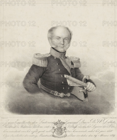 Portrait of Bernardus Johannes Cornelis Dibbets, print. The sitter wears a military costume with epaulets bearing three stars. In his left hand, he holds a rolled-up piece of paper with the words 'King Willem' visible. A sword hangs from his left wrist; he wears a belt with lion heads and a knightly order on his chest. The portrait is depicted amidst clouds. Below the portrait, a text relating to the titles of the sitter and a family coat of arms., : 'Registered.', printmaker: Gerardus Antonius Josephus Brenta, Maastricht, 1827 - 1857, paper, lithography, height 255 mm x width 213 mm, Person, Bernardus Johannes Cornelis baron Dibbets, historical persons, hacking and thrusting weapons: sword, knighthood order, scroll, clouds, A monochrome portrait of a man shown from the waist up wearing a military uniform with epaulettes and a high collar, his hair styled with prominent sideburns, one hand tucked into his coat and the other holding a sheathed sword, a decorative belt across his waist a...