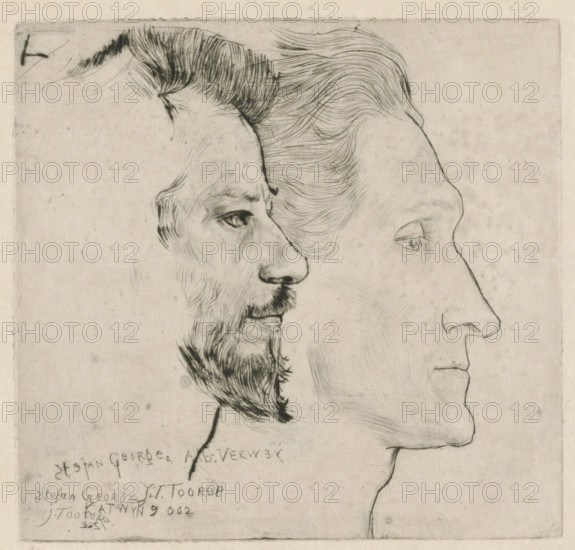Portrait of Stefan George and Albert Verwey, print, printmaker: Jan Toorop, printer (person): Toon Ninaber van Eijben, 1902, 1928, printer (person), paper, drypoint, intaglio printmaking technique, drypoint with plate tone on zinc, height 139 mm x width 145 mm, Person, Albert Verwey, Stefan George, historical persons, A close-up etching of two overlapping left-profile faces, one older with a beard and detailed dark hair lines and a visible eye and nose, the other smoother with finely drawn hair sweeping back and a prominent nose and eye, both rendered in thin, delicate black lines on a light, textured background with faint spots and smudges.