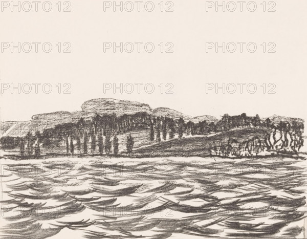 Starnberger See (original title), print, Tree-covered hills bordering the Starnberger See in Bavaria., printmaker: Henri Braakensiek, Munich, 1922, Bavaria, paper, lithography, height 235 mm x width 275 mm, lake, low hill country - HH - ideal landscapes, A monochrome sketch showing a wide expanse of water in the foreground with sweeping, curved strokes representing waves, and a distant shoreline across the middle ground featuring a low ridge of hills and clustered vertical marks suggesting groups of trees, all rendered in dark, grainy pencil or charcoal on a light background with a large area of empty sky above.