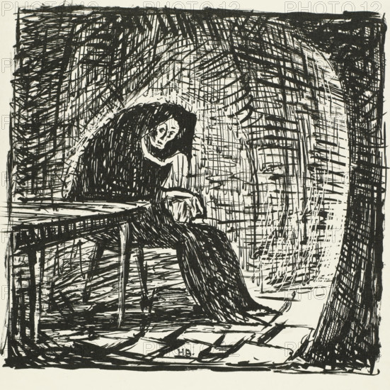 Poor old woman (original title on object), print, Woman in a cloak sitting next to a table in a dark room, sketched., signature and date: '1922 - Henri Braakensiek.', dedication: 'to Mr. HK Westendorp', edition: 'Orig. Litho. IX, no 1.', title: 'poor old woman', printmaker: Henri Braakensiek (signed by artist), 1922, ink, materials by function, paper, printing ink, lithography, height 190 mm x width 200 mm, height 348 mm x width 260 mm, old woman, the poor, A black ink sketch fills the image with dense crosshatching and bold strokes forming a shadowed interior scene; a seated figure with a somber expression is partially enclosed by a dark curved shape, their face and hand rendered with lighter lines contrasted against heavy black around them, and they sit at a rough table with visible legs; the background is a tangle of hatched lines suggesting vertical and diagonal structures and a large circular arc of lighter hatch surrounding the figure, while the floor shows strong linear patterns...