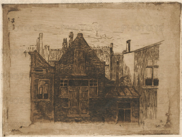 Row of houses, print, printmaker: Cornelis van der Sluys, 1891 - 1937, paper, etching, intaglio printmaking technique, height 152 mm x width 205 mm, civic architecture, edifices, dwellings, A sepia-toned etching of a row of rooftop structures viewed from the front, showing a central gabled building with a steep triangular roof and a small rectangular window near its peak, flanked by adjoining roofs and vertical chimneys, with textured brickwork and wood-grain lines marking walls and window frames, a slanted roof section to the right with a tall narrow window, a lower annex with a pitched roof in front, and a distant skyline of narrow vertical shapes sketched behind; the sky area is lightly scratched and shaded.