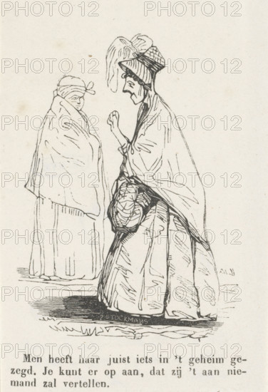 Two women with shoulder capes, print, printmaker: P. Stockmans, Netherlands, 1800 - 1899, paper, wood engraving, letterpress printing, wood engraving and text in letterpress, height 122 mm x width 82 mm, cape (women's clothes), A black ink line drawing of two women facing each other on a light background, one woman on the left wrapped in a cloak with only her head and eyes visible and wearing a headscarf tied at the side, the other woman on the right wearing a tall hat with a plume and a layered dress and cloak, her profile showing a pronounced nose and chin and one hand raised near her chest while the other holds a bundled object at her waist, both figures rendered with sketchy contour lines and minimal shading and standing on a ground suggested by horizontal ink strokes.