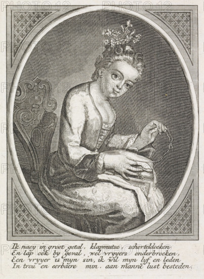 Sitting woman doing needlework, print, A young woman is sitting and sewing. Below the image, an ambiguous four-line text in Dutch., Netherlands, 1700 - 1900, printmaker, paper, etching, engraving, etching and engraving, height 121 mm x width 89 mm, (other forms of) needlework, eg: crocheting, knitting, embroidering, An engraved oval portrait shows a seated young woman in period dress holding a piece of cloth and a fine thread or string between her fingers; she has a softly turned face with large eyes and an updo adorned with small flowers, and her hair features curled sections at the front. The figure wears a low-cut bodice with a fitted front and sleeves that gather at the wrists, and a patterned skirt draped over her lap. Behind her is a carved chair back with scrolling ornamental motifs. The oval is set within a rectangular frame decorated with diagonal line shading and repeating geometric motif panels in the corners, and the background inside the oval is filled with dense crosshatc...