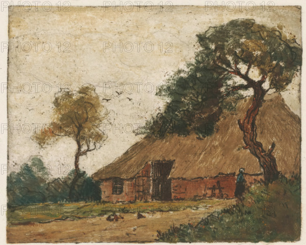 Farm, print, Farm with a tree and figure on the right., printmaker: Roelf Takens (signed by artist), 1872 - 1937, paper, etching, intaglio printmaking technique, soft-ground etching, hand coloring, vernis mou, etching with plate tone in colors, hand-colored, height 130 mm x width 162 mm, trees, A muted landscape scene showing a thatched-roof cottage with textured brick walls set low in the composition, partially obscured by trees. A tall tree with a twisted trunk and dense leafy canopy rises to the right, its trunk rendered in reddish-brown tones and its foliage in dark greens and ochres. To the left a slimmer tree with lighter foliage stands against a pale, slightly speckled sky where a few small birds are visible in flight. In the foreground a grassy area with patches of bare earth and low vegetation stretches across, and a small figure stands near the base of the right-hand tree, dressed in dark clothing. The overall palette is earthy with soft, worn textures and subtle variations i...