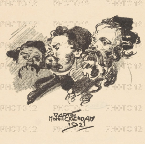 Reproduction of: Study of three male heads, reproduction, annotation: 'from: Cat. Ext. sch. 10 III 1921 Amsterdam', after print by Martin Monnickendam, 1921, Martin Monnickendam, after print by, paper, printing, reproduction of lithograph, height 217 mm x width 174 mm, adult man, beard, A charcoal sketch on cream paper showing three overlapping male faces with dark curly hair and beards, rendered in textured, smudged strokes; the faces show varied expressions and strong shadowing, with loose sketch marks around them and a darker shaded area extending beneath and behind the figures.