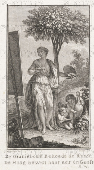 The Orange Tree Protects Art, print, A female painter stands painting outdoors behind an easel. She finds shade under an orange tree. Below the image, a verse about the 'orange tree' as patron of the arts., inscription: 'The Orange Tree Protects Art, the hedge proves its honor and favor. HW', printmaker: Charles Ange Boily, Netherlands, after design by Benjamin Samuel Bolomey, c. 1753 - 1813, paper, etching, height 130 mm x width 82 mm, person stimulating the arts, art lover, connoisseur, maecenas, patron, A standing woman in a flowing dress and shawl leans against a tree with a dense round canopy bearing round fruits, holding a palette and brushes in one hand and a small tool in the other, while an easel with a blank panel stands nearby; at her feet a seated child holds a tablet and another child kneels beside a large bird, with a pile of flowers and foliage on the ground, and various draped fabrics and an artist's bag lie in the foreground, all rendered in detailed line engraving sty...