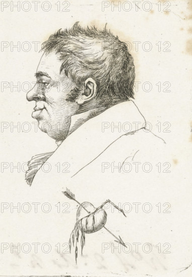 Portrait of Jantje de Wit, print, notary in Amsterdam, in profile. In the center bottom a heart pierced by an arrow and a broken branch with drooping leaves., inscription: 'WH 2: d ...', printmaker: Jean Zacherie Mazel, Netherlands, 1802 - 1884, paper, etching, height 107 mm x width 79 mm, Person, Jantje de Wit, heart symbolism, archer's weapons: arrow, A pen-and-ink profile portrait of a man facing left with short, textured hair, a prominent nose, closed lips, and a visible ear, wearing a high-collared coat, drawn on aged paper with light stains and speckles; below the portrait is a separate small sketch of a heart-shaped object pierced by an arrow with flowing ribbon-like elements.