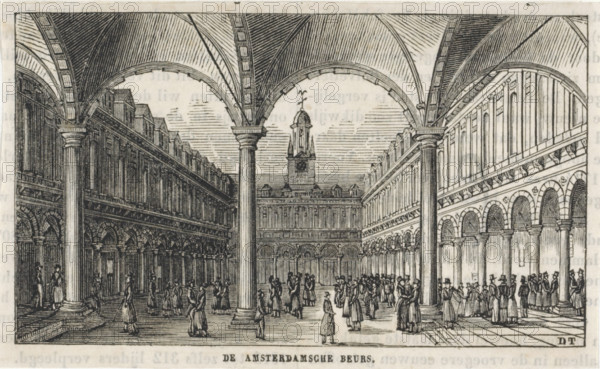 The Amsterdam Stock Exchange, print, book illustration, printmaker: Dirk Wijbrand Tollenaar, Netherlands, 1818 - 1858, paper, wood engraving, letterpress printing, wood engraving and text in letterpress, height 74 mm x width 122 mm, square, circus, etc. (city(-scape) with figures, staffage), Amsterdam, Stock Exchange of Hendrik de Keyser, An interior scene rendered in a detailed black and white engraving shows a large vaulted hall with tall columns and broad arches framing a central open space, flanked by rows of colonnaded galleries and arcades along both sides; many small figures in period dress are gathered throughout the space, some standing in groups and others walking, wearing long coats and hats or long dresses, while architectural details such as balustrades, recessed windows, decorative cornices, and a distant tower with a domed top and finial rise above the far end of the hall, and the ceiling is marked by curved ribbing and cross-hatched shading.