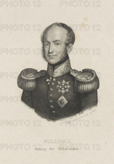 Portrait of William II, King of the Netherlands, print, Portrait of William II. In the lower margin his name and title., printmaker: Jan Baptist Tetar van Elven, Netherlands, 1840 - 1889, paper, steel engraving, height 196 mm x width 136 mm, The title mentioned here refers to the highest title obtained by the sitter, not necessarily to the title the sitter bears in this image., Person, William II of the Netherlands, A black and white engraved portrait of a man shown from the chest up wearing a military uniform with ornate braided epaulettes and a high collar, his face framed by sideburns and short hair, neutral expression, decorative medals and star-shaped insignia on his chest, and a textured paper background.