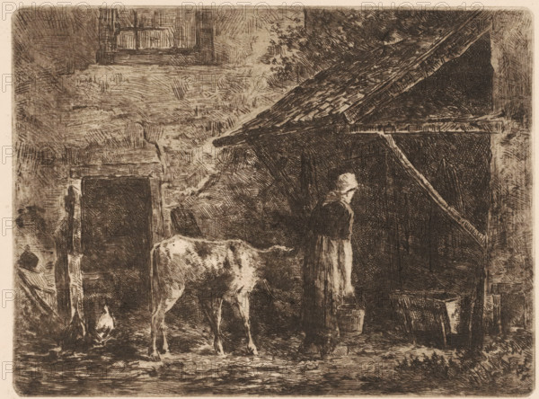 Woman with calf, print, printmaker: Willem van der Vliet (signed by artist), Netherlands, 1866 - 1924, paper, etching, intaglio printmaking technique, height 118 mm x width 159 mm, farmers - AA - female farmer, farmer's wife, farm (building), calf, A monochrome etching of a rustic scene showing a rough stone or plaster building with a small window near the top and a dark doorway below, a lean cow standing in front of the doorway, and a figure in simple clothing wearing a head covering standing near the cow beside a slanted roofed lean-to; a bucket sits on the ground near the figure and there is a small flame or light source low to the left on the ground, while textured shading and crosshatching fill the walls, roof, and ground throughout the image.