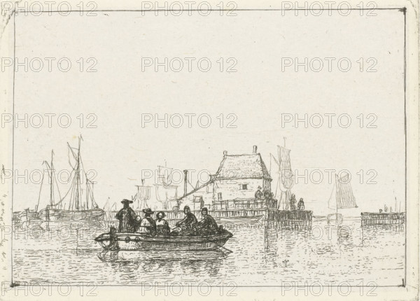 River view with rowboat near harbor pier, print, River view with rowboat on inland water near a harbor pier behind which offshore sailing ships are visible., printmaker: Albertus Brondgeest, Netherlands, 1796 - 1849, paper, chine collé, etching, etching on chine collé, height 93 mm, width 127 mm, harbor, ferry, A monochrome pen drawing of a waterfront scene showing small boats on calm water in the foreground with figures seated in a boat closest to the viewer, a larger docked boat beside it, and several masts and sails rising along the left and center. A low pier with a simple building that has a pitched roof stands on the right, with a few small figures on and near the pier and details of railings and posts. Additional distant boats and sails appear on the right and left horizons, and the whole scene is framed by a faint rectangular border on a textured, light-toned background.