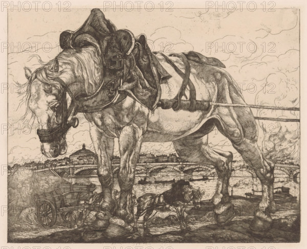 Draft horse by the Seine in Paris, L'Attelage (original series title on object), print, Behind the horse a four-horse team. In the background the Seine, with possibly the Grand Palais on the left., printmaker: Pieter Dupont, Paris, 1898, Pieter Dupont, printmaker, paper, etching, intaglio printmaking technique, height 160 mm x width 197 mm, horse, city-view, and landscape with man-made constructions, Seine, A detailed monochrome etching shows a large draft horse in harness standing over a smaller animal, with visible tack including a bridle, bit, saddle blanket, and traces; the horse's head is lowered and its mane falls over its face. The horse's muscular legs and hooves are prominent, and a small dog or foal stands beneath its belly. In the foreground there is a wooden cart with spoked wheels and a pile of hay beside it. Behind the animals a stone arched bridge spans a river, with boats on the water and buildings along the far bank, including a domed structure. The sky is filled with ...