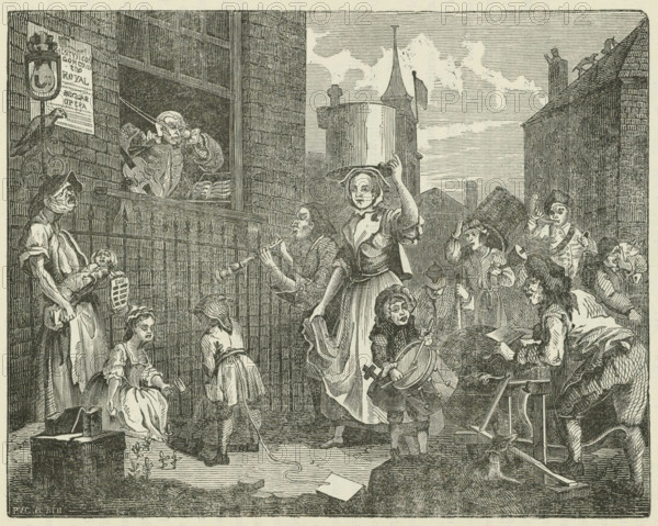 Street scene, print, book illustration, A violinist in a window frame holds his ears tightly closed against the noise made by various figures in front of his house, including a singer with a crying baby, children with noisy instruments, a knife sharpener with his whetstone, a postman with his horn, a barking dog and two fighting cats., printmaker: Popko van Groningen, Netherlands, after design by William Hogarth, 1832 - 1888, paper, wood engraving, letterpress printing, wood engraving and text in letterpress, height 160 mm x width 202 mm, A crowded street scene rendered in a detailed monochrome engraving showing a group of people of various ages and appearances gathered in front of a tall brick building with an open window where a man peers out and gestures while holding a violin and bow, and a bird perches on an ornate bracket nearby; several women are present wearing long dresses and bonnets, one standing with a hand raised to her hat and another seated holding fabric, while children...