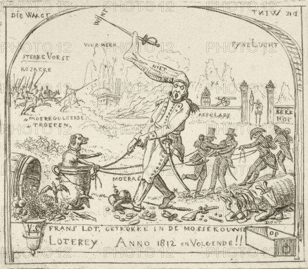 Napoleon pulls a dog in a goblet through the swamp, Caricatures of the defeats of the French in 1813, cartoon, print, historical print, Napoleon, with a sock on his head, pulls a dog sitting in a goblet through the swamp. French soldiers help him. In the background the French troops being defeated by the Cossacks, the fireworks, and a cemetery portal with a skeleton of a French soldier. Below the text: French lot, drawn in the Muscovite Lottery anno 1812 and following!, printmaker: Hermanus Fock, Amsterdam, 1813, paper, etching, height 87 mm x width 103 mm, Person, Napoleon I (Emperor of the French), Russian Campaign, Period, 1812, A detailed ink engraving shows a central figure wearing a long coat and a tall pointed hat with a face showing an open-mouthed expression, holding ropes that connect to a large bucket containing a seated dog and to a group of smaller figures who pull in the opposite direction; scattered on the ground near the central figure are discarded crowns, coins, and s...