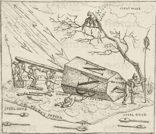 Napoleon crushed under a hexagonal block, Caricatures of the defeats of the French in 1813, cartoon, print, historical print, On a carpet with the map of Europe, Napoleon lies crushed under a hexagonal block with the letters: NAB. The French eagle is heavily battered by the bad weather. The French soldiers try to take shelter from lightning being carried off them. Reference to the defeats of the French troops at Moscow and Leipzig., printmaker: Hermanus Fock, Amsterdam, 1813, paper, etching, height 88 mm x width 102 mm, Battle of Leipzig, Period, A monochrome line drawing shows a large tilted wooden box or cart resting on a wheel with a person lying face down beneath it and a standing figure nearby holding a tall pole with a leafy top; three figures are bent over near the left edge working with long beams and small blocks, and a bird perches on a branch above a gnarled tree against a sky with cloud shapes and diagonal streaks.
