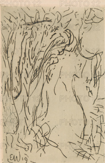 Abstracted forest landscape, print, printmaker: Erich Wichmann (signed by artist), 1919, paper, etching, intaglio printmaking technique, height 150 mm x width 96 mm, Print possibly inspired by poems by Charles Baudelaire and Paul Verlaine., forest, wood, Abstract, Non-representational Art, A vertical composition with thin black ink lines on a beige paper background forming flowing, curved, and looping marks that suggest hairlike strands and organic contours, concentrated more densely toward the upper left and center with sparser lines toward the right, including tighter clustered short strokes, elongated sweeping curves, and several intersecting scribbles and loose loops near the lower center, all rendered with varying line weights and occasional small dotlike marks.