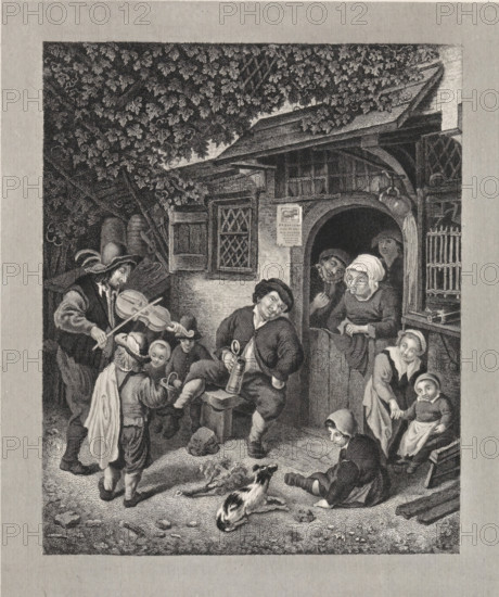 The Traveling Violinist in front of a farmhouse, Violinist in front of an inn, print, A man with a violin and a boy with a hurdy-gurdy are making music at an inn. Adults and children are listening. A woman is leaning over the lower door., printmaker: Abraham Lion Zeelander, Amsterdam, after painting by Adriaen van Ostade, printer (person): JF Brugman, 1848, printer (person), paper, chine collé, etching, engraving, etching and engraving on chine collé, height 208 mm x width 170 mm, inn, coffee-house, public house, dog, one person playing string instrument (bowed), A detailed black and white engraving of an outdoor scene showing a group of people gathered in front of a building with a small arched doorway and lattice windows; a large leafy canopy extends across the top of the image, partially shading the roof and walls. In the foreground, a child sits on the ground near a small dog lying on the dirt surface, while another child stands nearby wearing a cloak and hat. A musician on the lef...