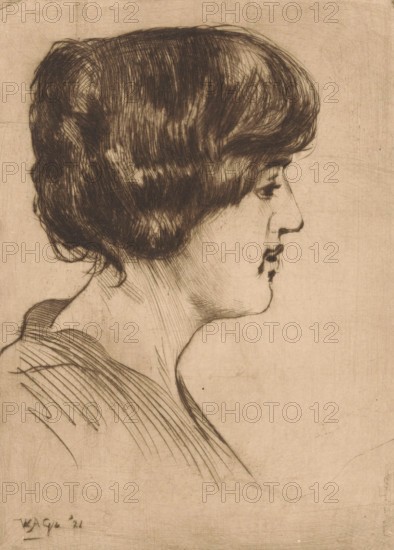 Portrait of an unknown woman, print, printmaker: Willem Adrianus Grondhout (signed by artist), 1921, paper, drypoint, intaglio printmaking technique, height 208 mm x width 150 mm, anonymous historical person portrayed - BB - woman, A sepia-toned ink or pencil sketch of a person shown in profile facing right, with short, textured hair drawn with dense, overlapping strokes, a defined brow and eye with long lashes, a straight nose, and full lips. The neck is visible with fine cross-hatching and the shoulder area shows sweeping curved lines suggesting clothing. The background is plain with subtle marks and a faint signature or mark near the lower left edge.
