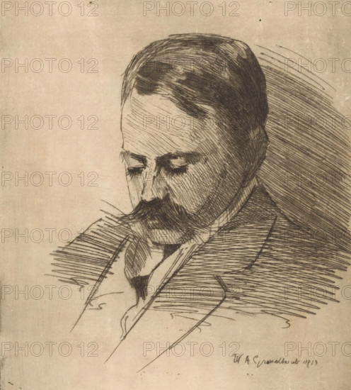 Portrait of an unknown man, print, The man has a mustache., printmaker: Willem Adrianus Grondhout, 1913, paper, etching, intaglio printmaking technique, height 170 mm x width 147 mm, anonymous historical person portrayed, mustache, A close-up pencil or ink sketch of a man shown from the shoulders up with his head tilted downward, featuring short dark hair, a mustache, and a beard, with hatched lines creating shading across his face, hair, clothing, and the background, all on aged paper.