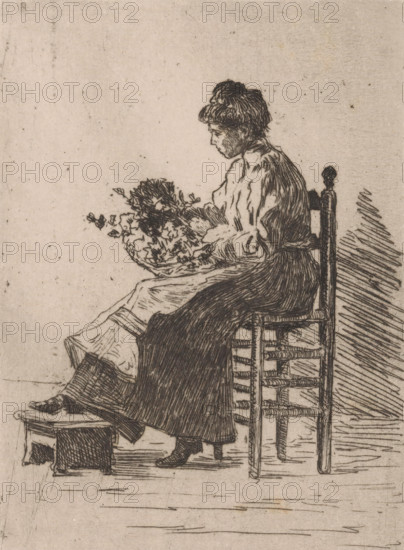 Woman with flowers on her lap, print, The woman is sitting on a chair. One of her legs rests on a footstool., printmaker: Willem Adrianus Grondhout, 1905, paper, etching, intaglio printmaking technique, height 185 mm x width 135 mm, flowers, sitting figure - AA - female human figure, A monochrome line drawing of a seated woman in profile facing left, wearing a long dress and a head covering, holding a cluster of flowers or foliage in her lap; she sits on a simple wooden chair with a woven seat and a decorative finial on the back, one foot resting on a small stool, and the floor beneath is shown with parallel hatch marks.
