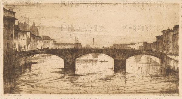 Firenze (original title on object), print, A bridge over the Arno in Florence., printmaker: Willem Adrianus Grondhout (signed by artist), 1921, paper, etching, intaglio printmaking technique, height 178 mm x width 338 mm, bridge in city across river, canal, Florence, Tuscany, A sepia-toned etching of a river scene showing a stone bridge with three large arches spanning calm water, buildings lining both riverbanks, and smaller architectural shapes and domes visible behind the left bank. The bridge casts reflections on the water surface, and there is a small rowboat with two figures beneath the central arch. The left bank shows a taller waterfront building with vertical shading and a few small figures near the bridge edge, while the right bank displays a series of multi-story facades rendered in fine vertical lines. The sky is mostly clear with subtle horizontal etching marks and the overall image is detailed with crosshatching and linear textures throughout.
