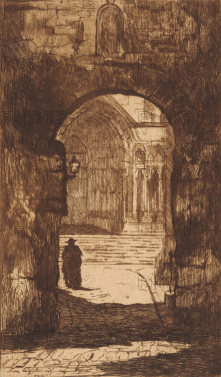 Chartres (original title on object), print, A gate with a statue of Mary with child in a niche in Chartres. Through the gate is a portal of the cathedral of Chartres., printmaker: Willem Adrianus Grondhout (signed by artist), 1888 - 1934, paper, etching, intaglio printmaking technique, etching with plate tone in brown, height 240 mm x width 142 mm, city-gate, parts of church exterior and annexes: portal, A sepia-toned etching showing a dark arched passage opening onto a lighter courtyard with architectural details; heavy crosshatched shadows frame the arch while inside the arch lighter shading reveals a series of steps and a façade with tall narrow arches and decorative vertical elements; a solitary cloaked figure stands near the base of the arch, silhouetted against the lighter ground beyond; rough textured stone surfaces, a wall-mounted lamp, and various linear scratches and hatch marks fill the surrounding space, creating a contrast between deep shadow and illuminated architectural ...