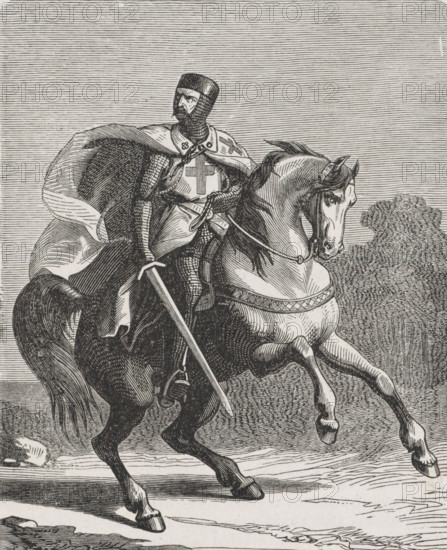 A Knight of the Temple, print, book illustration, A Knight of the Order of the Templars on a rearing horse., printmaker: Frits Orloff, Amsterdam, after design by Victor De Doncker, 1847 - 1883, paper, wood engraving, letterpress printing, wood engraving and text in letterpress, height 130 mm x width 105 mm, horse, military orders, eg: Knights Templars, Knights of Malta, Teutonic Knights, Roman Catholic church, A black and white engraved image of an armored knight on horseback, shown from the waist up and downward to the horse's legs, with the knight wearing a helmet and a cloak draped over his shoulders, a visible cross motif on his chest, chainmail sleeves, and a sword held at his side; the horse is depicted in motion with a raised front leg, a decorated bridle and breastplate, flowing mane and tail, and detailed musculature; the background consists of closely spaced horizontal lines and a textured area suggesting vegetation, with ground lines and small rocks beneath the horse's hoove...