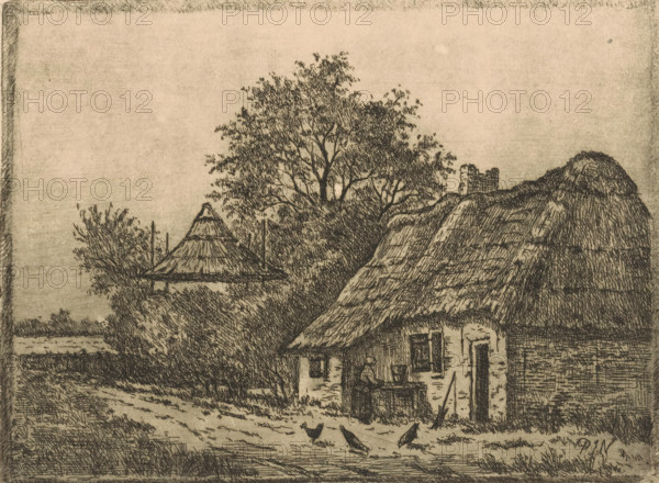 Farmhouse with thatched roof and hay barn, print, A woman stands by the farmhouse and three chickens scratch around., printmaker: Pieter Johannes Niesten (signed by artist), 1852 - 1918, paper, etching, intaglio printmaking technique, height 125 mm x width 168 mm, farm or solitary house in landscape, A sepia-toned sketch shows a rural scene with a thatched-roof cottage in the foreground, its textured roof and stone walls rendered in fine lines and crosshatching; a figure sits at a small table outside the cottage, and several birds are on the ground nearby. Behind the cottage a rounded haystack or mound rises, and a chimney or ruined stone structure sits atop a distant ridge. Large trees with detailed branches and foliage fill the background, and another conical thatched structure is partially visible among the trees. A dirt path runs past the cottage toward the left, bordered by grasses and low vegetation, while a wide expanse of sky occupies the upper portion of the image.