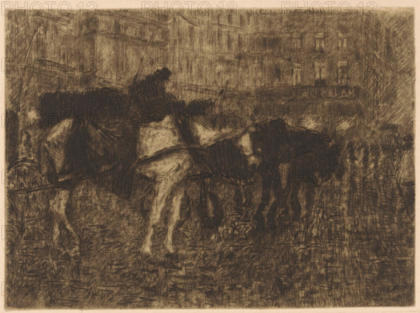 Carriage horses on a town square at evening, print, printmaker: Maurits Niekerk, 1881 - 1938, paper, etching, intaglio printmaking technique, height 150 mm x width 198 mm, horse, evening, animal traction, animal-drawn vehicle (carriage etc.), A densely hatched monochrome scene shows a close view of draft animals harnessed to a carriage or wagon with visible straps and collars, a driver seated atop the vehicle wearing a hat, and indistinct human figures and architectural façades in the background, all rendered with heavy crosshatching and textured lines creating a smoky, sketchlike effect.