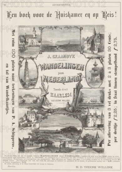 Advertisement for: J. Graandyk. Walks through the Netherlands. Haarlem: Herman Diederick Tjeenk Willink, 1885, print, book illustration, printmaker: Emil Ost, Brussels, after design by Kellenbach, paper, wood engraving, letterpress printing, wood engraving and text in letterpress, height 262 mm x width 198 mm, The image shows an ornate illustrated page with a central decorative panel containing several framed landscape and architectural vignettes, including coastal scenes, buildings with towers, a domed pavilion, and rural vistas. Surrounding the central panel are decorative borders and ornamental flourishes, with sketches of an open book, a walking stick, and a bag placed near the center. The top of the page features a large decorative heading in a stylized blackletter script, and columns of printed type run along the left and right margins. The overall composition is monochrome, rendered in fine engraved linework with varying shading and crosshatching. The bottom of the page contains...