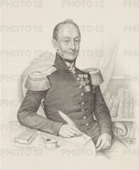 Portrait of JH Nägeli, print, The sitter is seated at a table in a military uniform. He wears two knightly orders on his chest and one around his neck. Behind him is a bookcase. On the table lie a book, sheets of paper, and an inkwell. His right arm rests on the table. With his right hand, he writes with a quill pen on a sheet of paper., inscription: 'HG van der Does', printmaker: Johann Peter Berghaus, Leiden, after design by Daniël Nederveen, Den Bosch, 1853-06-25, paper, chine collé, lithography, lithography on chine collé, height 365 mm x width 275 mm, historical persons, knighthood order, book, materials to write on, writing surfaces, bookshelves, A pencil drawing of a seated older man in a dark military-style jacket with ornate shoulder epaulettes and multiple medals on his chest, his short hair combed back and sideburns visible, holding a quill pen poised over a sheet of paper on a small round table that also holds a closed book, an inkwell with its lid open, and a folded docume...