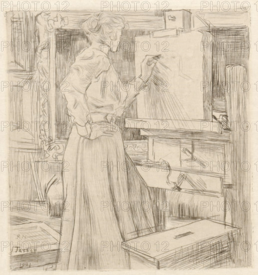 Riet van Houten draws on a lithographic stone in a studio, In 't atelier (original title), print, inscription: 'RH, j. Toorop, 1901', printmaker: Jan Toorop (signed by artist), 1901, Jan Toorop, printmaker, paper, drypoint, intaglio printmaking technique, drypoint with plate tone on zinc, height 146 mm x width 138 mm, Person, Riet van Houten, workshop, studio, painter, A line drawing shows a woman standing at an easel, viewed from behind and slightly to the side; she wears a long dress with a fitted bodice and puffed sleeves, her hair is swept up, and one hand rests on her hip while the other holds a drawing implement toward the canvas. The easel and canvas occupy the right side of the scene with visible sketch lines, and a table with a flat box sits nearby. The background includes vertical panels and patterned decorative elements, with crosshatched shading and sparse linear details suggesting furnishings and objects around the workspace.