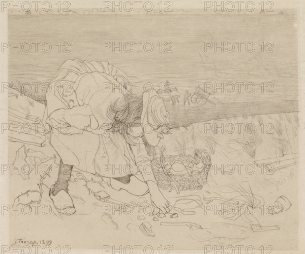 Girl collecting shells on the beach, print, printmaker: Jan Toorop (signed by artist), 1899, paper, drypoint, intaglio printmaking technique, drypoint with plate tone on copper, height 154 mm x width 186 mm, beach (as place of recreation), girl (child between toddler and youth), A pencil drawing shows a person bent forward on a sandy shore, wearing a dress and a hat with hair visible beneath it, their hands reaching toward the ground; a woven basket filled with round objects sits nearby; scattered pieces of broken shells and debris lie across the foreground; behind the figure are tufts of grass and planks of wood, and in the distance along the shoreline small figures, a cart with wheels, and a mounted person are visible against a textured horizontal seascape under a sky with a few cloud outlines.