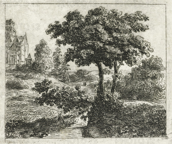 Landscape with church on a hill, print, printmaker: Johannes Adrianus van der Drift, Netherlands, 1823 - 1883, paper, chine collé, etching, etching on chine collé, height 92 mm x width 113 mm, landscape with other man-made constructions not mentioned above, e.g.: graveyards, playgrounds, An etching showing a landscape with a large tree with dense, textured foliage dominating the center and right, smaller bushes and shrubs around its base, a winding river or stream flowing from the foreground toward the middle ground, layered fields and low rolling terrain with detailed line work, and a cluster of tall, narrow architectural structures with pointed roofs visible near the left edge, all contained within a rectangular border on a lightly mottled background.