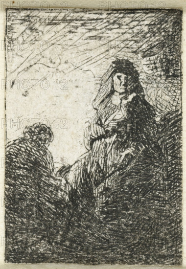 Standing woman and seated man, print, Standing woman seen from the front and seated man seen from the back., printmaker: attributed to Jan Lievens, Netherlands, printmaker: manner of Rembrandt van Rijn, 1625 - 1700, Attributed to, Manner of, paper, etching, height 41 mm x width 28 mm, Very convincingly attributed to Lievens by Rovinski, not mentioned in Hollstein under Lievens (Hollstein, Rembrandt, p. 189, cat. no. B El 23), adult woman (standing), A textured monochrome sketch shows two figures against a lightly crosshatched background, one figure seated or kneeling in the lower left with a rounded head and a heavily shaded, patterned garment, and a taller figure to the right with long hair or a draped head covering, a visible face with simple features, and a flowing, layered robe or cloak rendered with dense, varied strokes; the scene is framed by a darker rectangular border and filled with sweeping, directional hatch marks and areas of dense crosshatching that create contrast betwee...