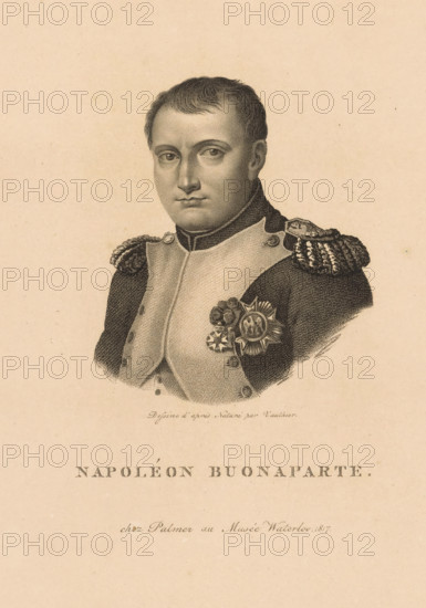 Portrait of Napoleon I Bonaparte, Napoléon Buonaparte., print, printmaker: Jules-Antoine Vauthier, France, publisher: Ebenezer Palmer, 1817, paper, stipple engraving, engraving, etching, height 292 mm x width 243 mm, Person, Napoleon I (Emperor of the French), historical persons, medals and other marks of military honor, A monochrome engraved portrait of a man shown from the chest up wearing a military uniform with ornate epaulettes and a decorative medal on his chest, his hair is short and combed, his face is expressionless with gaze directed forward, the image is centered on a pale paper background with small speckles and faint aging marks.