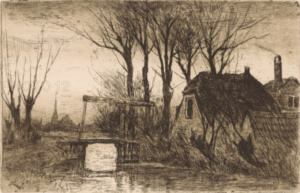 Drawbridge at a farm, print, In the background the silhouette of a church. It is twilight., printmaker: Gerardus Johannes Roermeester (signed by artist), 1854 - 1936, paper, etching, intaglio printmaking technique, height 129 mm x width 198 mm, farm or solitary house in landscape, bascule bridge, half-light, A monochrome etching shows a narrow waterway bordered by grassy banks and leafless trees with thin, intertwining branches. A simple wooden footbridge spans the water, reflected in the rippled surface below. To the right, a thatched-roof cottage with a small window and a chimney is partially obscured by trees and overgrown vegetation. In the background, more bare trees and a distant pointed spire rise against a textured sky. The scene is rendered with fine, sketch-like lines and areas of crosshatching.