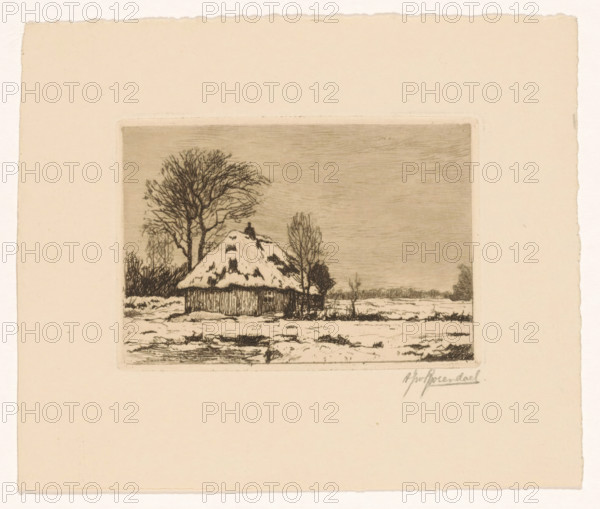 Snow landscape with barn, print, printmaker: Alberta Johanna van Rosendaal (signed by artist), Netherlands, in or before 1939, paper, etching, intaglio printmaking technique, height 70 mm x width 103 mm, snow, barn, A rectangular print mounted on a larger sheet shows a rural winter scene with a small thatched cottage topped with snow, surrounded by bare trees and low shrubs, a textured sky above, and a snowy foreground with rough ground and a narrow strip of water.